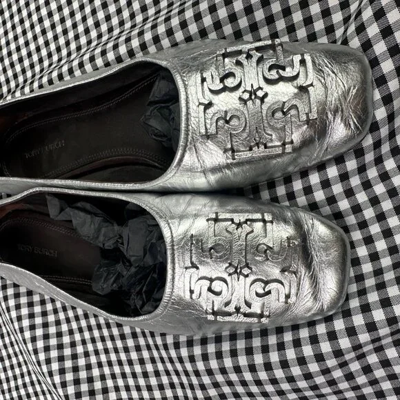 Tory Burch Ines Metallic Leather Ballet Flats Silver Square Toe Womens Size 10 - Picture 2 of 6